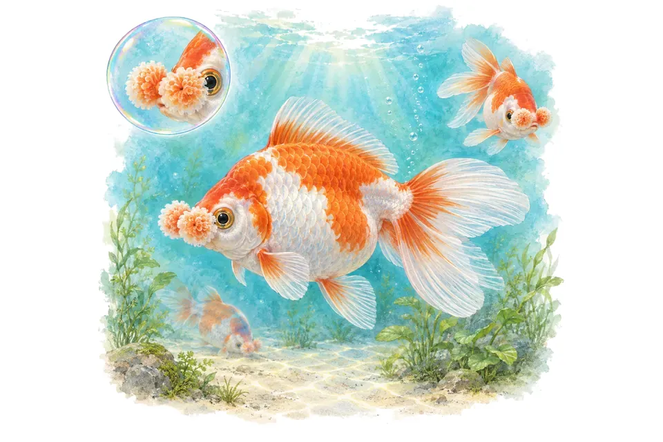 Aquarelle : Poisson rouge pompon (Carassius auratus) dans une eau turquoise lumineuse, avec une vue de trois quarts et un détail dans une bulle.