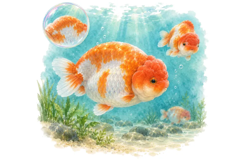 Aquarelle : Poisson rouge ranchu (Carassius auratus) dans une eau turquoise lumineuse, avec une vue de trois quarts et un détail dans une bulle.