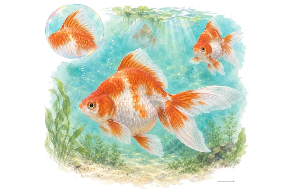 Aquarelle : Poisson rouge ryukin (Carassius auratus) dans une eau turquoise lumineuse, avec une vue de trois quarts et un détail dans une bulle.