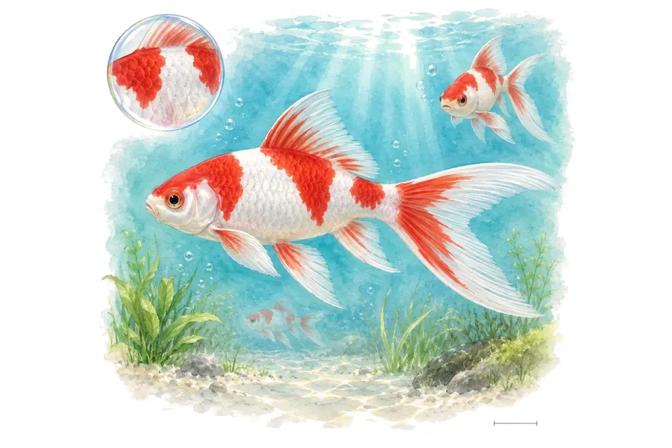 Aquarelle : Poisson rouge sarasa (Carassius auratus) dans une eau turquoise lumineuse, avec une vue de trois quarts et un détail dans une bulle.