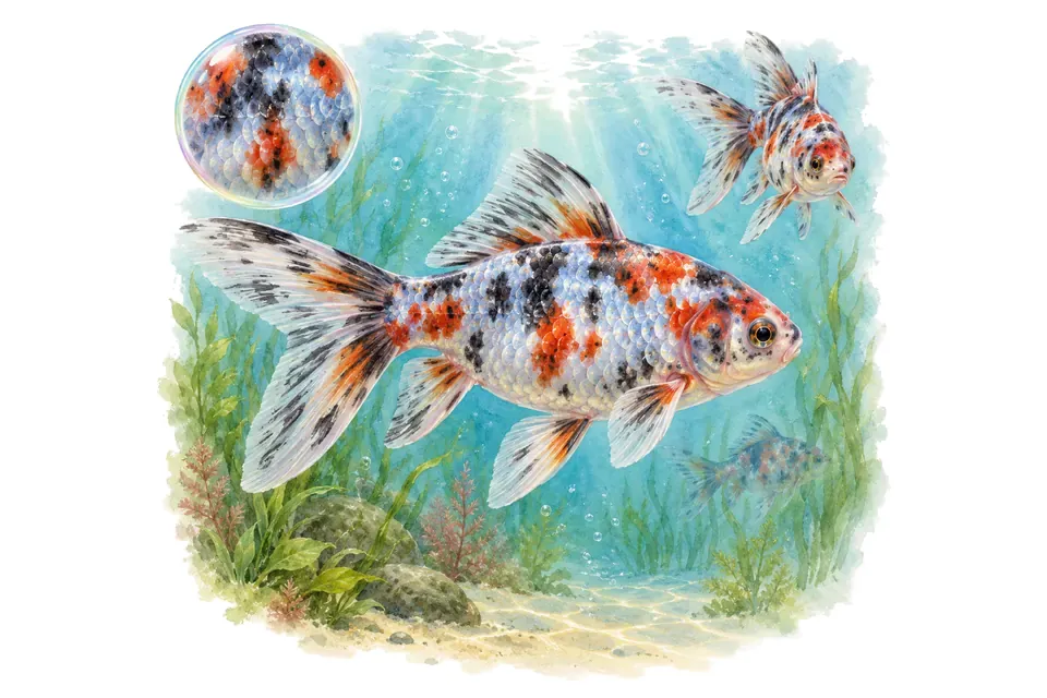 Aquarelle : Poisson rouge shubunkin (Carassius auratus) dans une eau turquoise lumineuse, avec une vue de trois quarts et un détail dans une bulle.