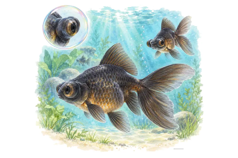 Aquarelle : Poisson rouge télescope (Carassius auratus) dans une eau turquoise lumineuse, avec une vue de trois quarts et un détail dans une bulle.