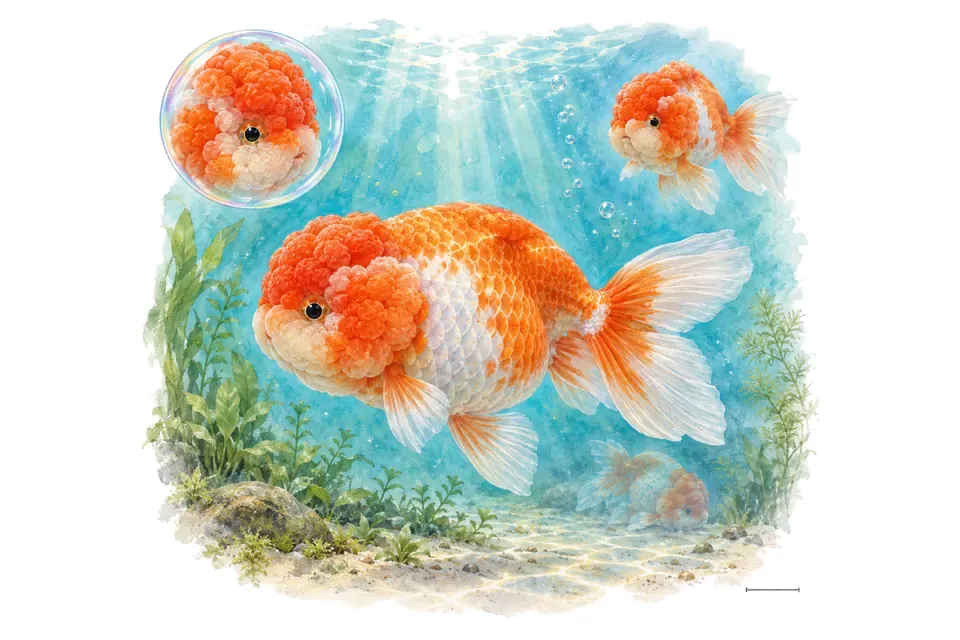 Aquarelle : Poisson rouge tête de lion (Carassius auratus) dans une eau turquoise lumineuse, avec une vue de trois quarts et un détail dans une bulle.
