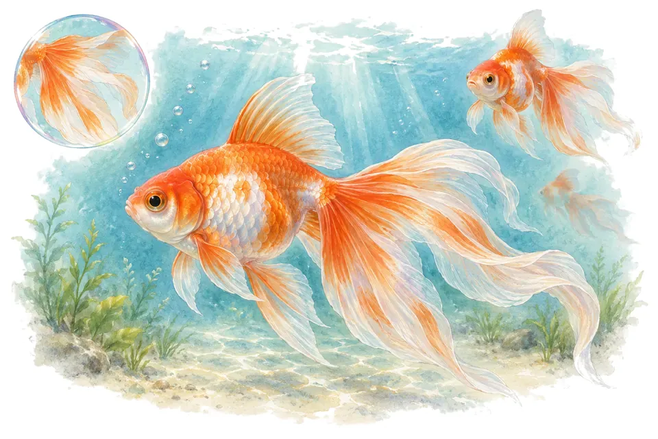 Aquarelle : Poisson rouge voile (Carassius auratus) dans une eau turquoise lumineuse, avec une vue de trois quarts et un détail dans une bulle.