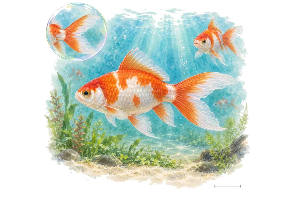 Aquarelle : Poisson rouge wakin (Carassius auratus) dans une eau turquoise lumineuse, avec une vue de trois quarts et un détail dans une bulle.