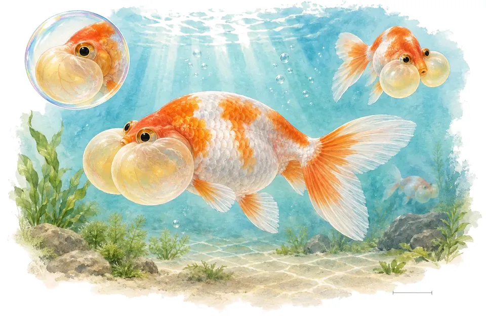 Aquarelle : Poisson rouge yeux bulles (Carassius auratus) dans une eau turquoise lumineuse, avec une vue de trois quarts et un détail dans une bulle.