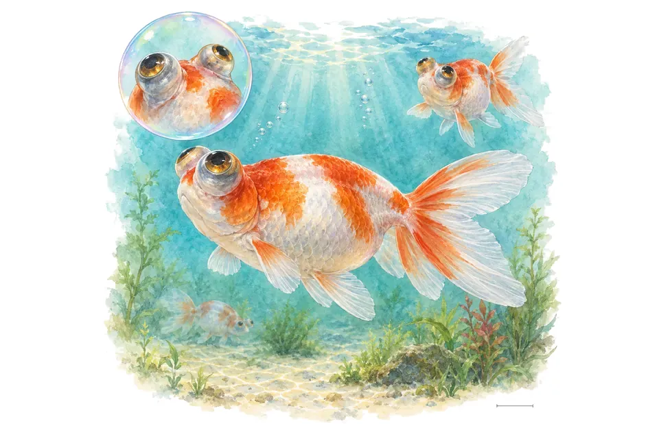 Aquarelle : Poisson rouge yeux célestes (Carassius auratus) dans une eau turquoise lumineuse, avec une vue de trois quarts et un détail dans une bulle.
