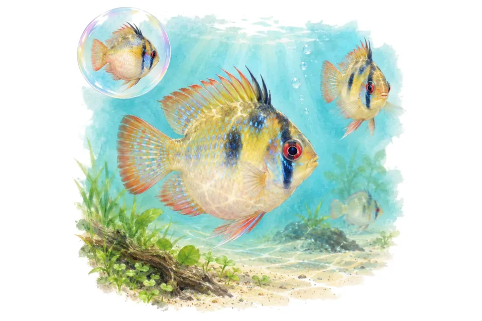 Aquarelle : Ramirezi ballon (Mikrogeophagus ramirezi) dans une eau turquoise lumineuse, avec une vue de trois quarts et un détail dans une bulle.