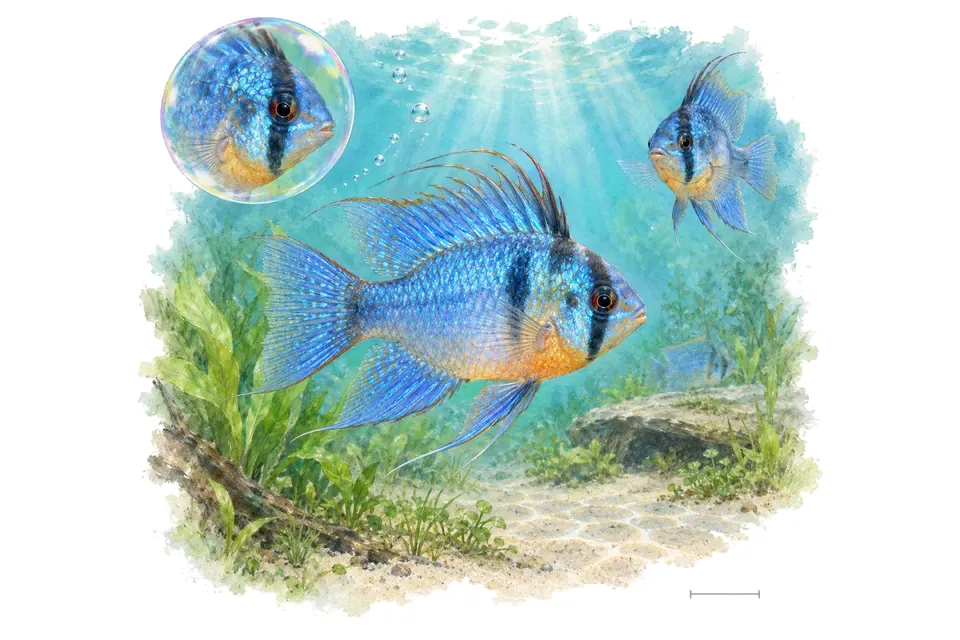Aquarelle : Ramirezi bleu électrique (Mikrogeophagus ramirezi) dans une eau turquoise lumineuse, avec une vue de trois quarts et un détail dans une bulle.