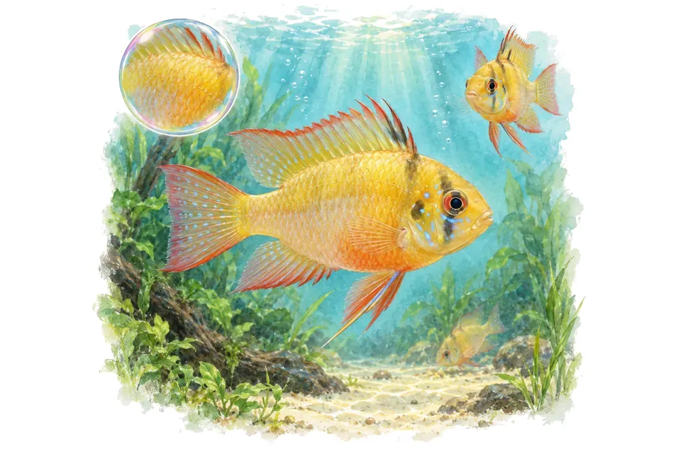 Aquarelle : Ramirezi doré (Mikrogeophagus ramirezi) dans une eau turquoise lumineuse, avec une vue de trois quarts et un détail dans une bulle.