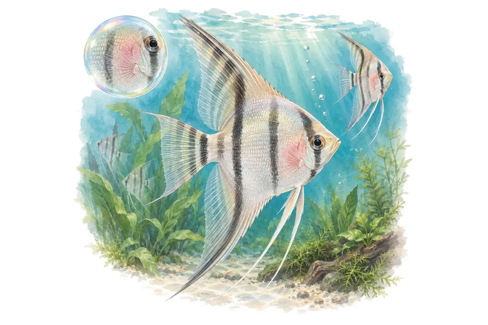 Aquarelle : Scalaire blushing (Pterophyllum scalare) dans une eau turquoise lumineuse, avec une vue de trois quarts et un détail dans une bulle.