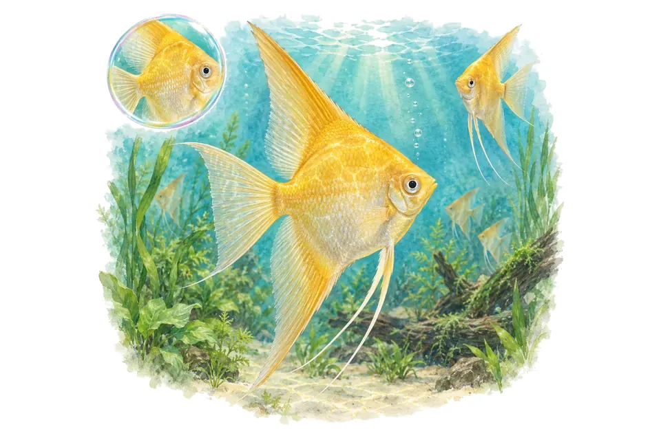 Aquarelle : Scalaire doré (Pterophyllum scalare) dans une eau turquoise lumineuse, avec une vue de trois quarts et un détail dans une bulle.