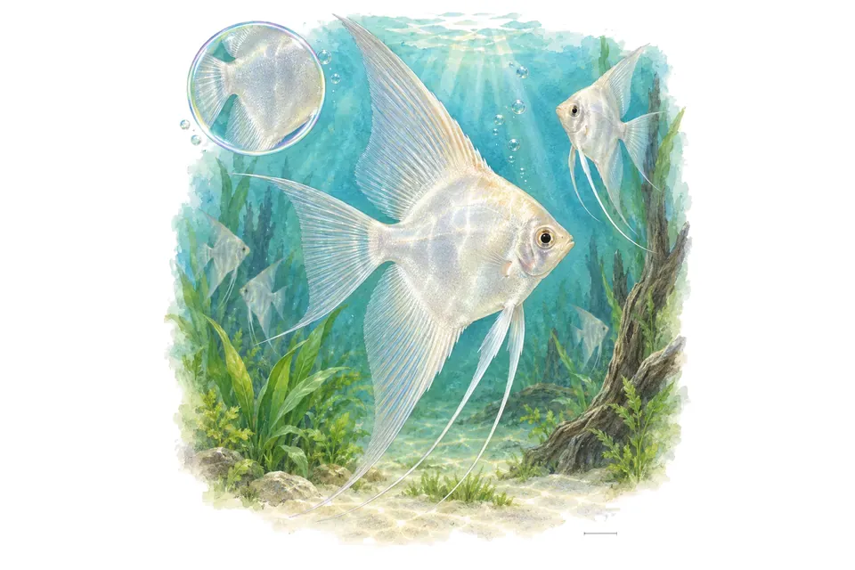 Aquarelle : Scalaire fantôme (Pterophyllum scalare) dans une eau turquoise lumineuse, avec une vue de trois quarts et un détail dans une bulle.