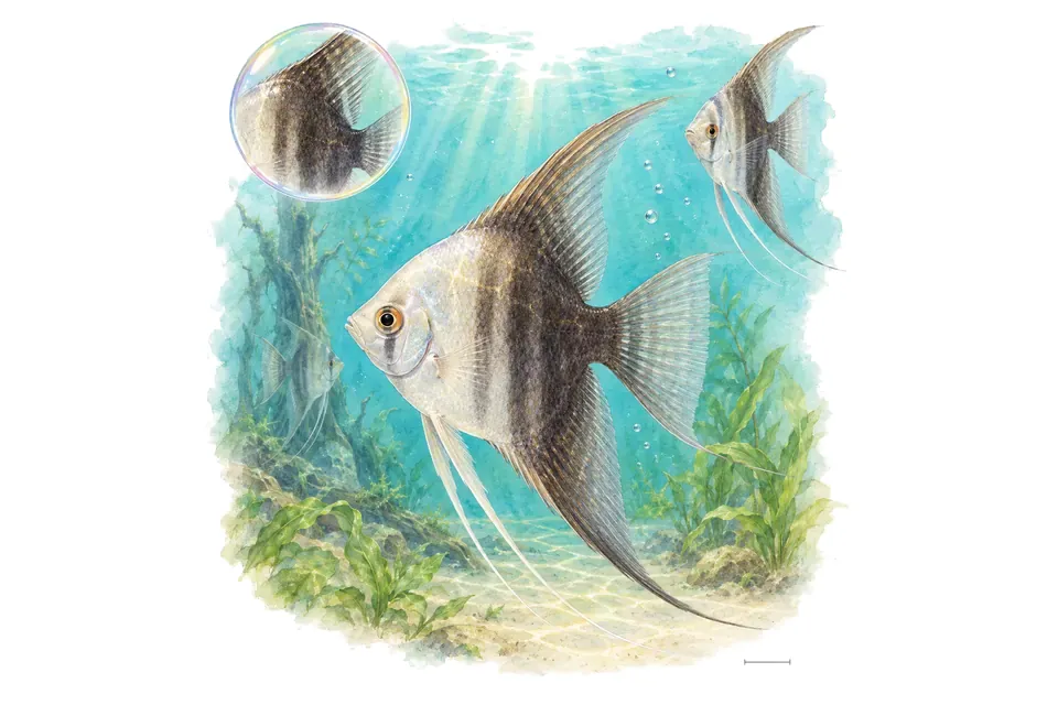 Aquarelle : Scalaire fumé (Pterophyllum scalare) dans une eau turquoise lumineuse, avec une vue de trois quarts et un détail dans une bulle.