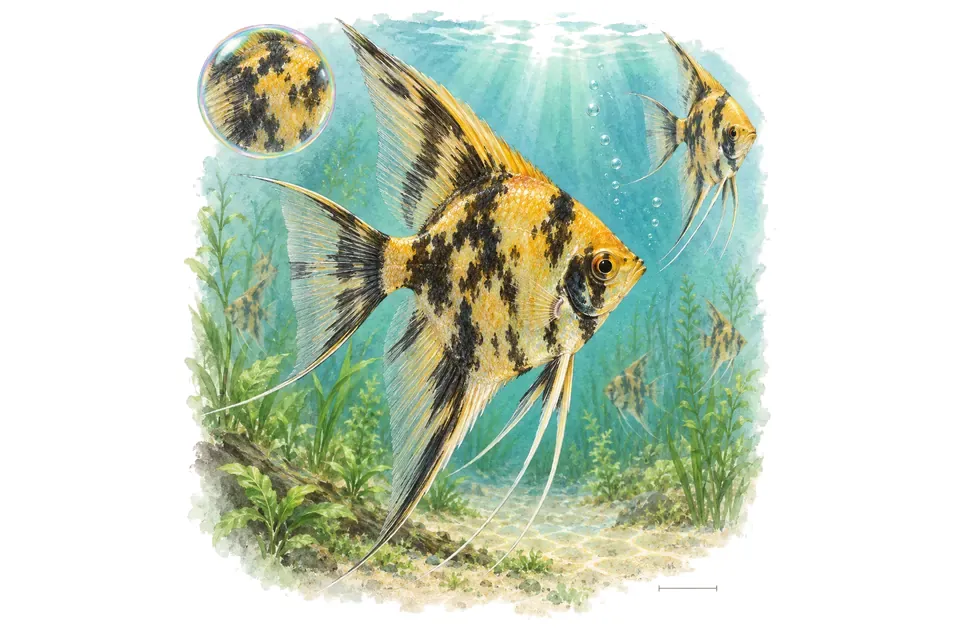 Aquarelle : Scalaire gold marble (Pterophyllum scalare) dans une eau turquoise lumineuse, avec une vue de trois quarts et un détail dans une bulle.