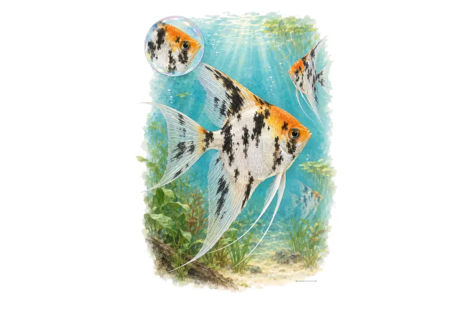 Aquarelle : Scalaire koi (Pterophyllum scalare) dans une eau turquoise lumineuse, avec une vue de trois quarts et un détail dans une bulle.