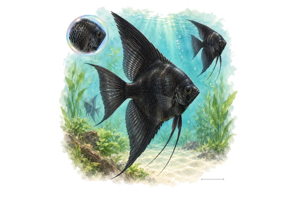 Aquarelle : Scalaire noir (Pterophyllum scalare) dans une eau turquoise lumineuse, avec une vue de trois quarts et un détail dans une bulle.