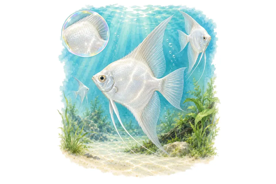 Aquarelle : Scalaire platine (Pterophyllum scalare) dans une eau turquoise lumineuse, avec une vue de trois quarts et un détail dans une bulle.