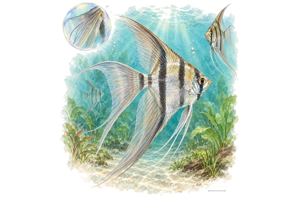 Aquarelle : Scalaire voile (Pterophyllum scalare) dans une eau turquoise lumineuse, avec une vue de trois quarts et un détail dans une bulle.