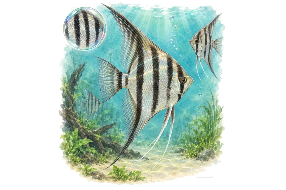 Aquarelle : Scalaire zèbre (Pterophyllum scalare) dans une eau turquoise lumineuse, avec une vue de trois quarts et un détail dans une bulle.