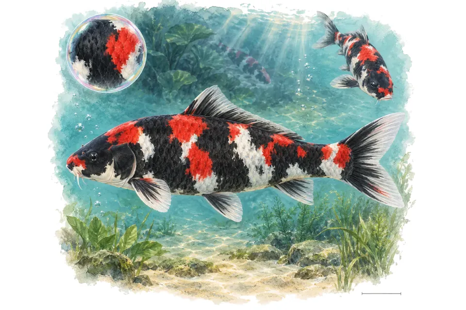 Aquarelle : Showa Sanshoku (Cyprinus rubrofuscus) dans une eau turquoise lumineuse, avec une vue de trois quarts et un détail dans une bulle.