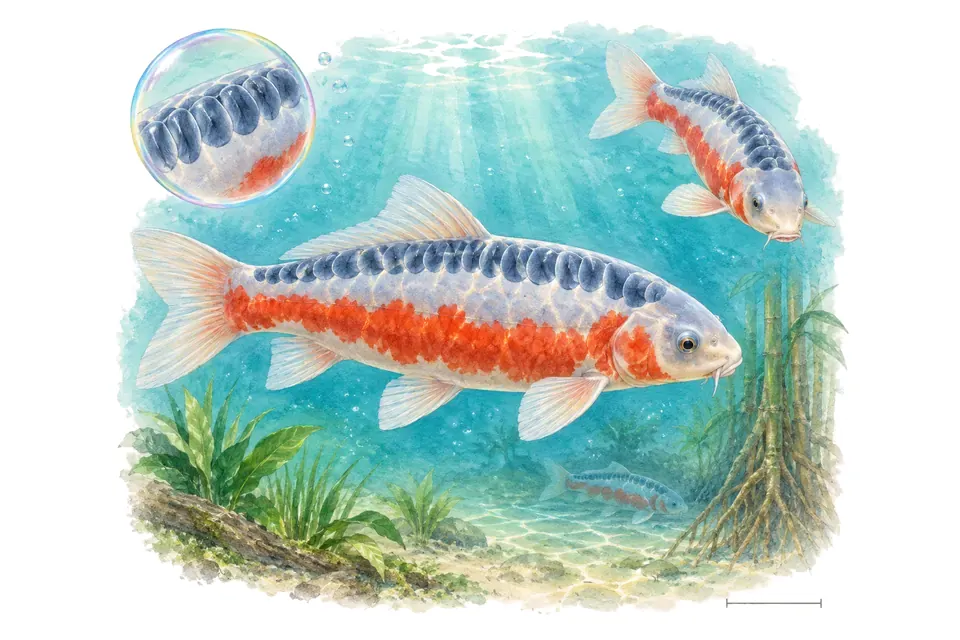 Aquarelle : Shusui (Cyprinus rubrofuscus) dans une eau turquoise lumineuse, avec une vue de trois quarts et un détail dans une bulle.