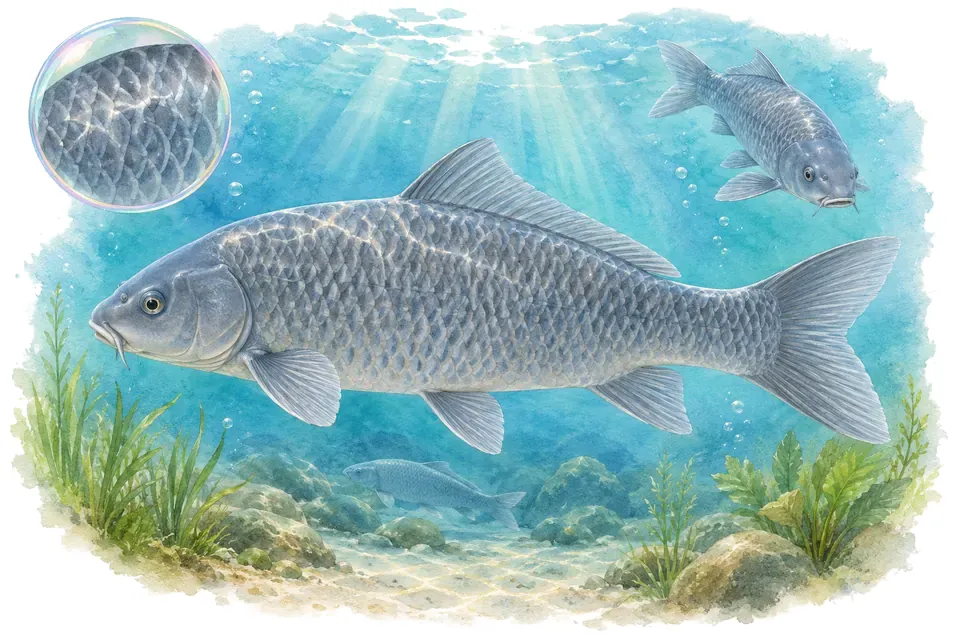 Aquarelle : Soragoi (Cyprinus rubrofuscus) dans une eau turquoise lumineuse, avec une vue de trois quarts et un détail dans une bulle.