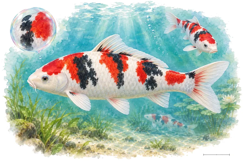Aquarelle : Taisho Sanke (Cyprinus rubrofuscus) dans une eau turquoise lumineuse, avec une vue de trois quarts et un détail dans une bulle.
