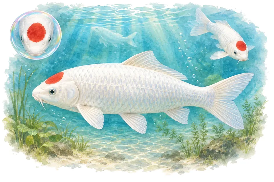 Aquarelle : Tancho (Cyprinus rubrofuscus) dans une eau turquoise lumineuse, avec une vue de trois quarts et un détail dans une bulle.