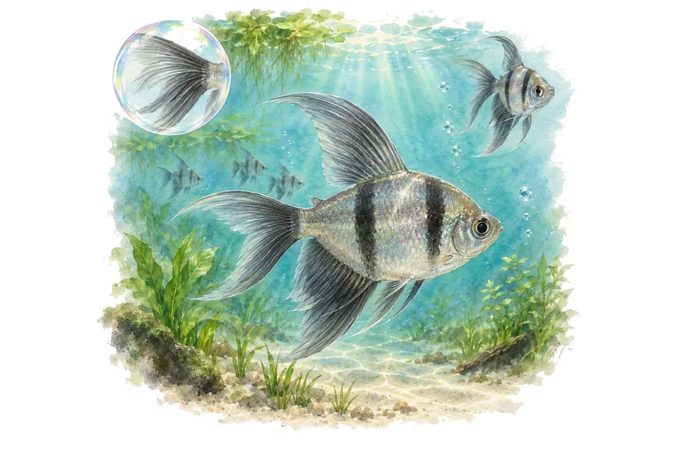 Aquarelle : Tétra noir voile (Gymnocorymbus ternetzi) dans une eau turquoise lumineuse, avec une vue de trois quarts et un détail dans une bulle.