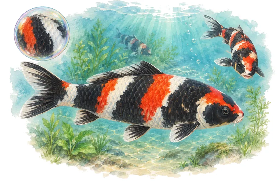 Aquarelle : Utsurimono (Cyprinus rubrofuscus) dans une eau turquoise lumineuse, avec une vue de trois quarts et un détail dans une bulle.