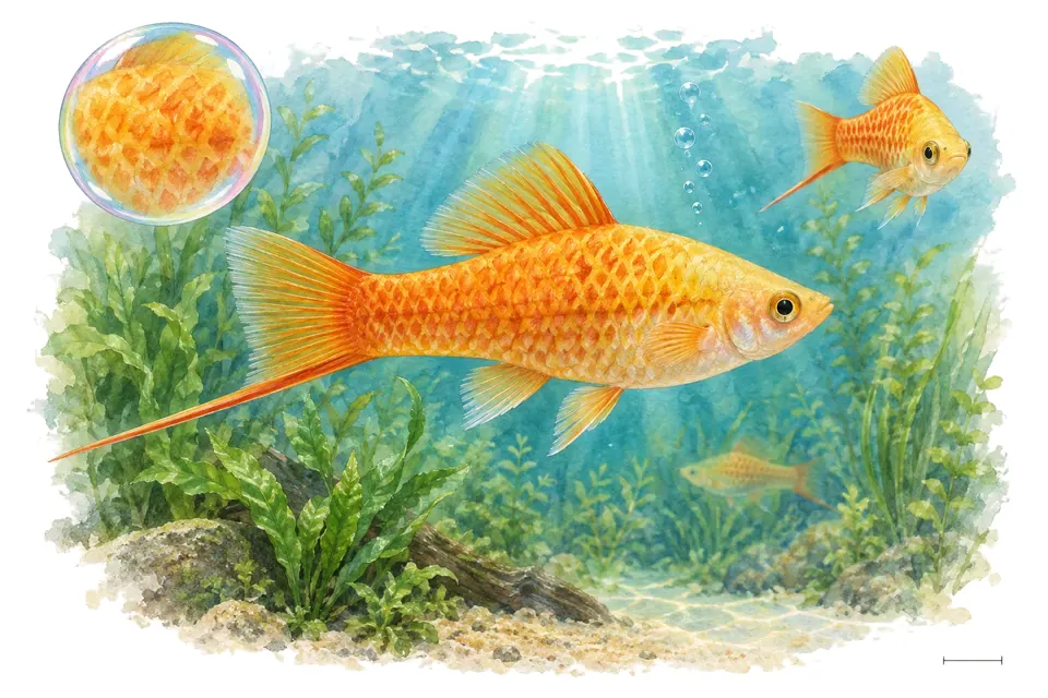 Aquarelle : Xipho ananas (Xiphophorus hellerii) dans une eau turquoise lumineuse, avec une vue de trois quarts et un détail dans une bulle.