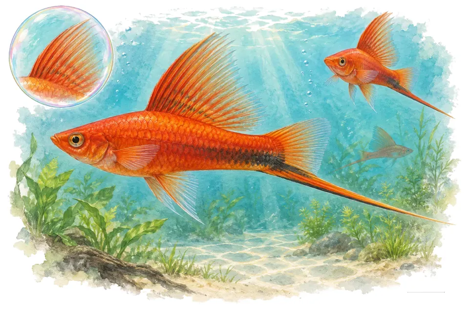 Aquarelle : Xipho hi-fin (Xiphophorus hellerii) dans une eau turquoise lumineuse, avec une vue de trois quarts et un détail dans une bulle.