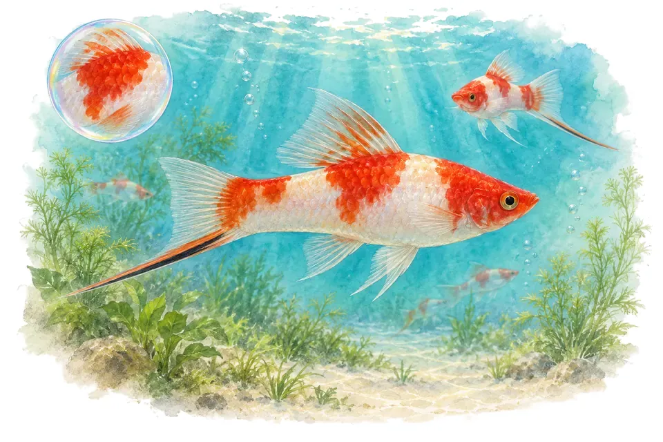 Aquarelle : Xipho koi (Xiphophorus hellerii) dans une eau turquoise lumineuse, avec une vue de trois quarts et un détail dans une bulle.