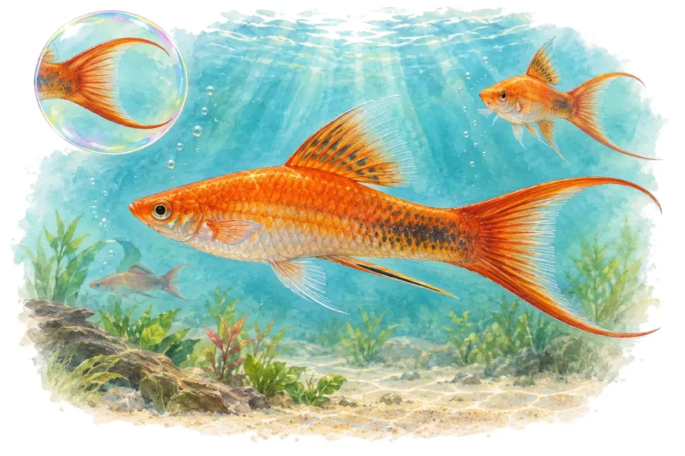 Aquarelle : Xipho lyre (Xiphophorus hellerii) dans une eau turquoise lumineuse, avec une vue de trois quarts et un détail dans une bulle.
