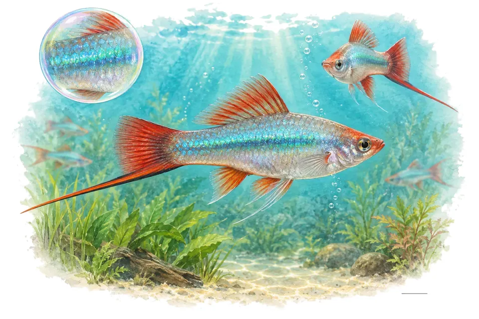 Aquarelle : Xipho néon (Xiphophorus hellerii) dans une eau turquoise lumineuse, avec une vue de trois quarts et un détail dans une bulle.