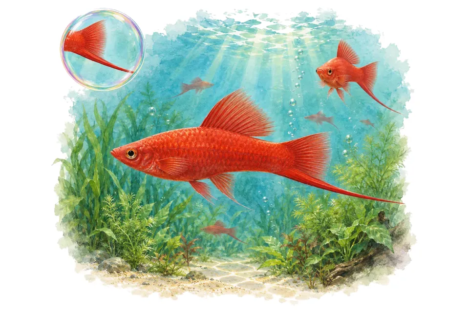 Aquarelle : Xipho rouge (Xiphophorus hellerii) dans une eau turquoise lumineuse, avec une vue de trois quarts et un détail dans une bulle.