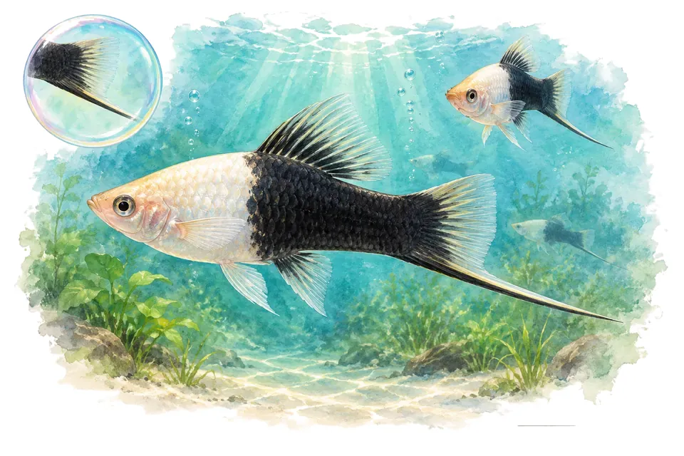 Aquarelle : Xipho tuxedo (Xiphophorus hellerii) dans une eau turquoise lumineuse, avec une vue de trois quarts et un détail dans une bulle.