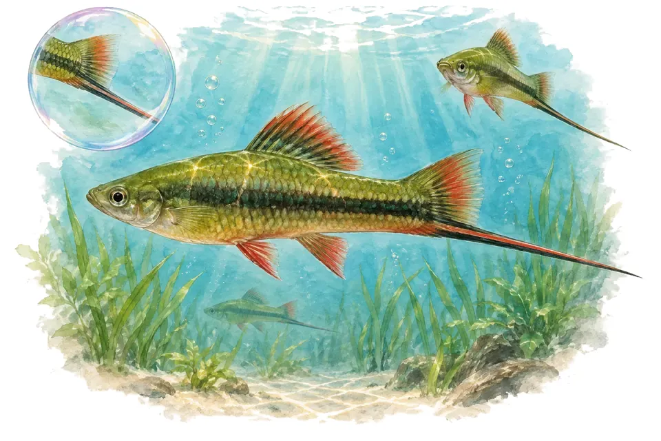 Aquarelle : Xipho vert (Xiphophorus hellerii) dans une eau turquoise lumineuse, avec une vue de trois quarts et un détail dans une bulle.