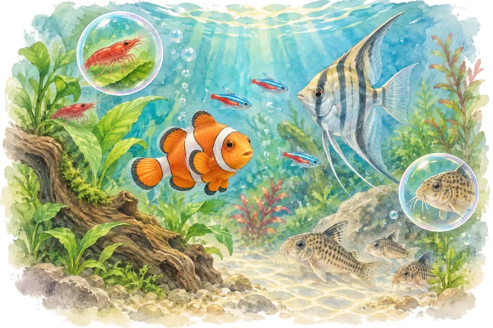 Planche aquarelle : l'aquarium avec des enfants.