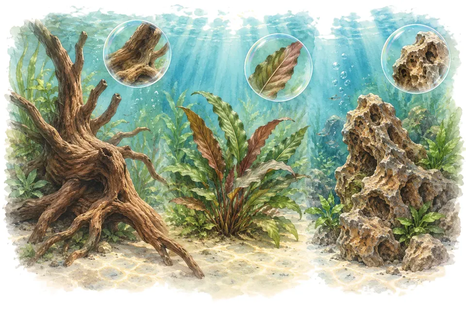 Planche aquarelle : Vrai ou faux : les biotopes d’aquarium.
