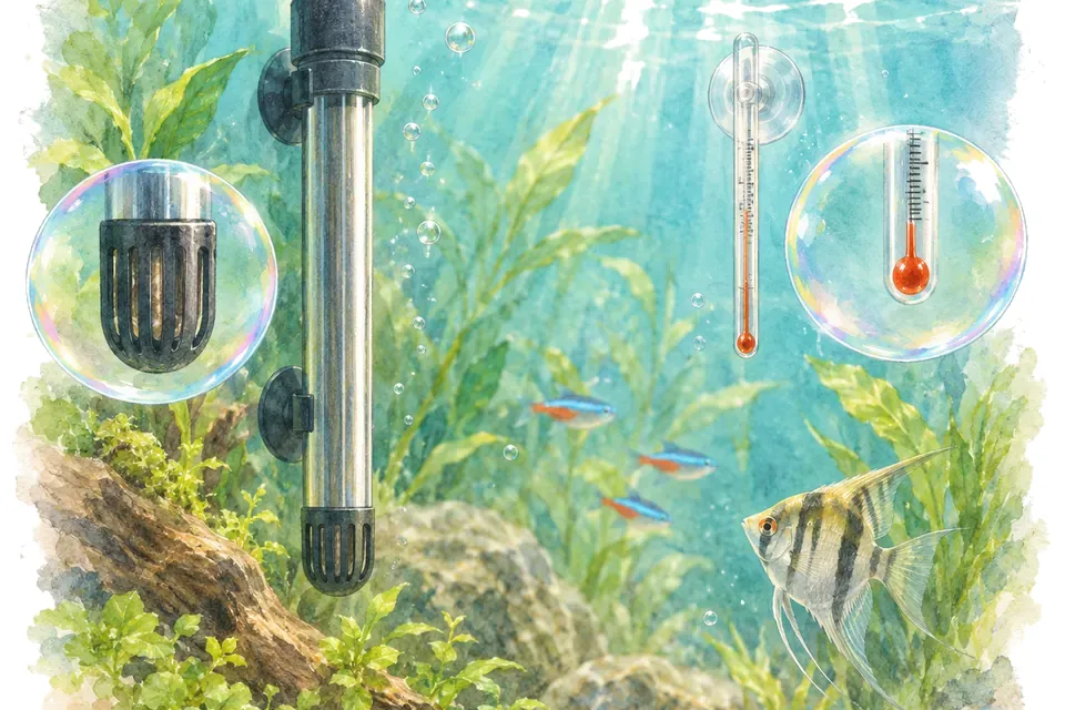 Planche aquarelle : le chauffage de l'aquarium.