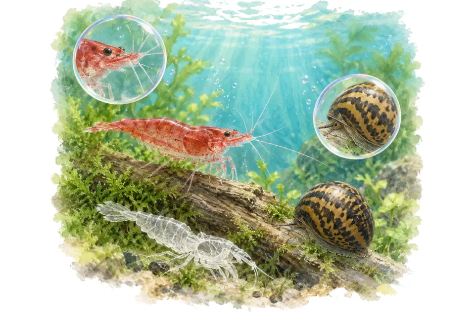 Planche aquarelle : Vrai ou faux : crevettes et escargots.