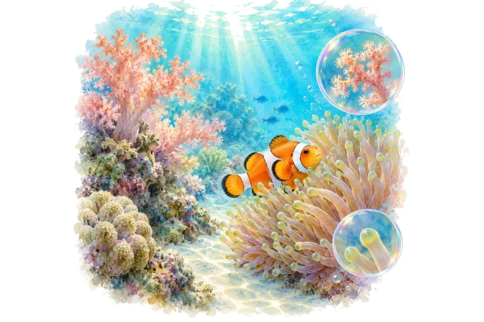 Planche aquarelle : Vrai ou faux : l'aquarium d'eau de mer.