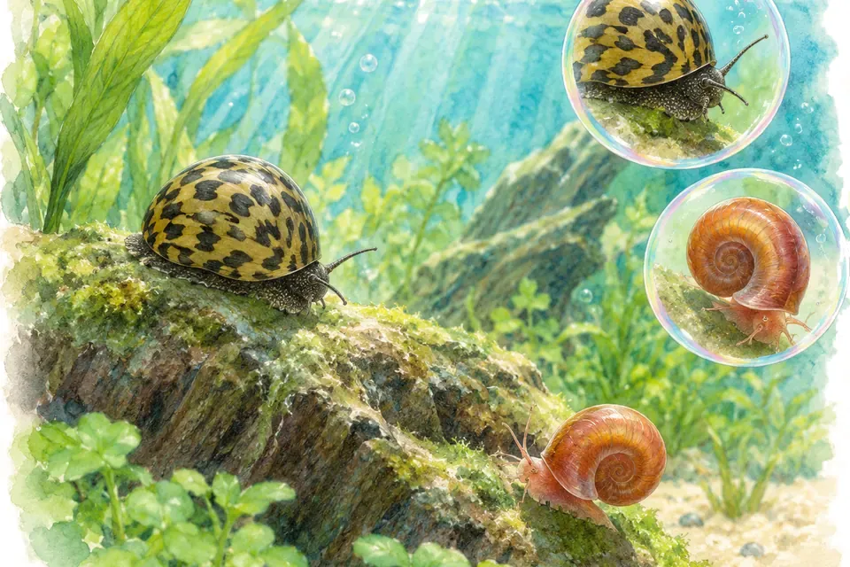 Planche aquarelle : les escargots d’aquarium.