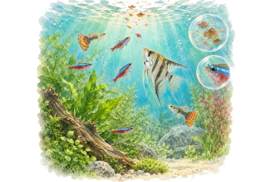 Planche aquarelle : Vrai ou faux : nourrir ses poissons.