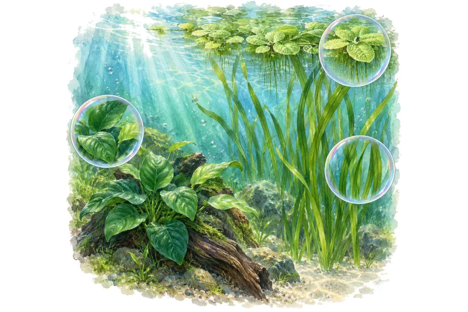 Planche aquarelle : Vrai ou faux : les plantes d’aquarium.