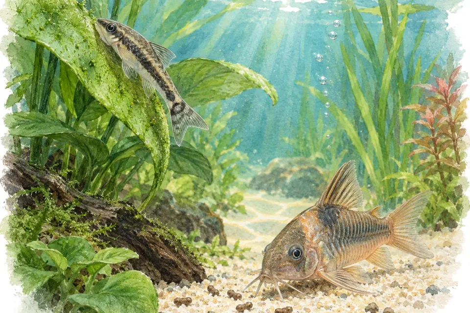 Illustration aquarelle : Vrai ou faux : un poisson nettoyeur remplace l’entretien de l’aquarium.