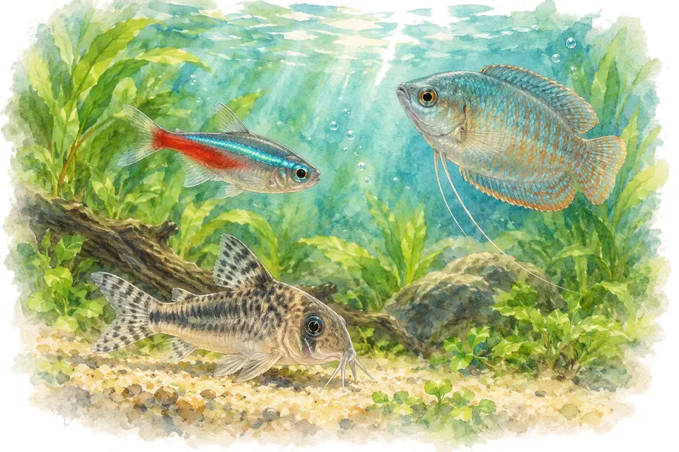 Planche aquarelle : Vrai ou faux : les poissons d’aquarium.