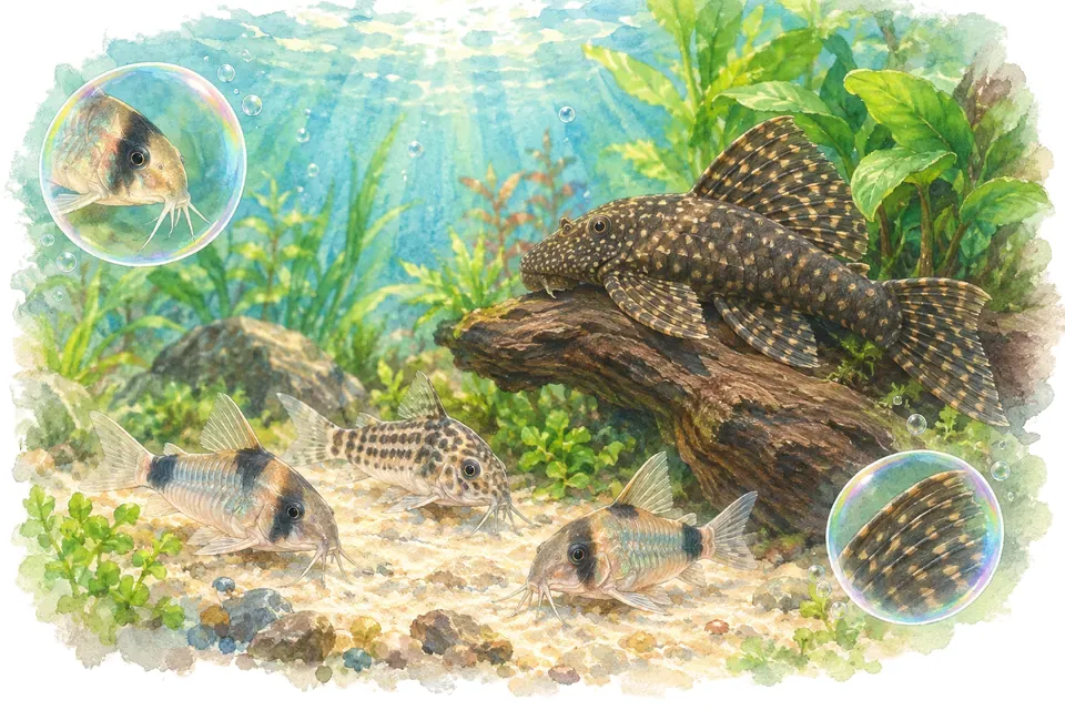 Planche aquarelle : les poissons de fond.